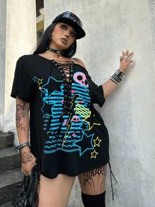 Whyspr Plus Size Black American Retro Dark Style Asymmetric Shoulder Print Lace-Up Deep V-Neck T-Shirt, Hot Girl Loose Slimming Mid-Length Top With Print And Eyelet Webbing Decor, Plus Size Asymmetric Shoulder Short Sleeve T-Shirt, Street Dark Style Plus Size Black Summer Short Sleeve Top - Black - View 4