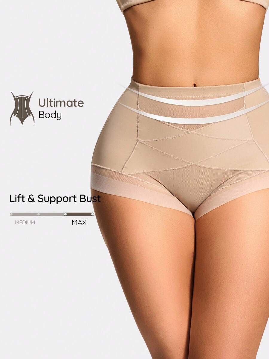 SHAPORA Women's Solid Color Mesh Splice Shapewear Shorts - Apricot - View 1