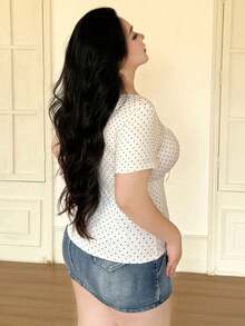 Vibekara Plus Size Polka Dot Print Fitted Drawstring T-Shirt - White - View 2