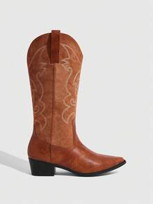 Daringsoles Women's Pointed Toe Contrast Color Embroidered Western Boots, Slip-On Sexy Casual Riding Boots Fall Shoes - Brown - View 1