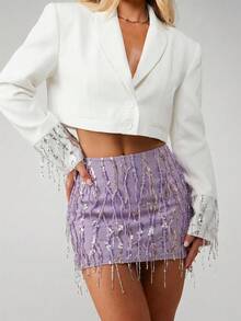 MISSGUIDED 亮片流苏迷你裙派对夜店节日装饰紧身闪亮晚礼服裙 - 紫色 - 查看 5