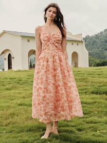 MOTF PREMIUM WOMEN'S FLORAL PRINT FOLD PLEATED MIDI DRESS WEDDING PICNIC VACATION GARDEN PARTY ORANGE RED SUMMER ROMANTIC ELEGANT - Multicolor - View 6