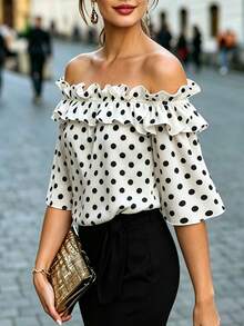 Velvienne Camisa Feminina Plus Size Elegante com Poá, Decote em V, Tecido Trama, Verão - Branco - Visão 5