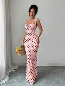 SHEIN Raffinéa 女款波點印花前綁帶修身優雅細肩帶洋裝 - 粉色 - 查看 7