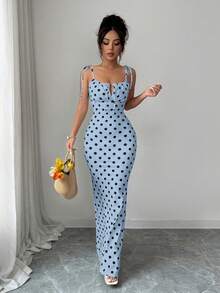 SHEIN Raffinéa 女款優雅浪漫1950年代復古藍色波點印花細肩帶長洋裝，適合夏季度假與度假派對 - 藍色 - 查看 7