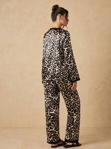 HautHeat Women's Leopard Print Lace Trim Top And Long Pants Pajama Set - Coffee Brown - View 2