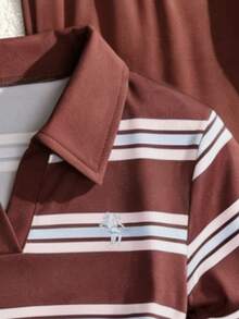 SHEIN 女童咖啡棕美式復古學院風條紋 Polo 套裝，復古棕色調對比條紋領 Polo 收腰短袖上衣搭配高腰垂墜寬腿褲 2 件組，貼身百搭休閒穿搭，學生日常通勤慵懶風，學院風青春日常穿著 2 件組 - 咖啡棕 - 查看 6