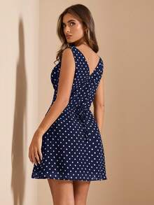 SHEIN BAE Frühling/Sommer einfarbiges schwarzes Polka-Dot-Muster V-Ausschnitt Spaghettiträger A-Linie figurbetontes Damen Minikleid, Urlaubskleid, Polka-Dot-Kleid - marineblau - Übersicht 2