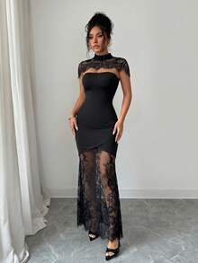 SHEIN Clasi Women's Stand Collar Contrast Lace Fitted Elegant Sexy Dress Party Dinner Date Night Black Summer - Black - View 6