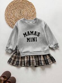 少女版 Mama's Mini 印花卡其色拼接格紋套裙運動衫洋裝 - 灰色 - 查看 3
