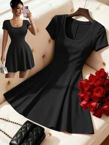 Elenzga Women's Summer Casual Solid Color Waist-Defining Dress - Black - View 6