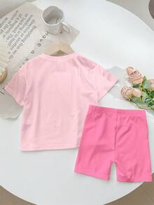 SHEIN | PAW Patrol 女童休閒簡約短袖上衣與短褲兩件套，適合夏季，經典可愛勇敢卡通動漫可愛圖案印花 - 彩色 - 查看 2