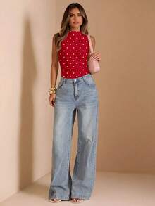 SHEIN BAE 女款秋季抓皺假領無袖貼身連身衣 - 紅色 - 查看 4