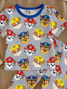 SHEIN | PAW Patrol 男嬰休閒簡約貼身舒適圓領短袖上衣與長褲睡衣套裝，適合春夏，經典可愛，Rubble、Chase、可愛勇敢前行卡通圖案印花 - 彩色 - 查看 3