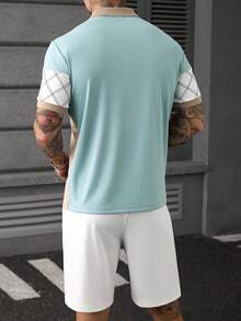 Manfinity CasualCool 男士几何印花短袖 Polo 衫和短裤休闲套装 - 白色 - 查看 2