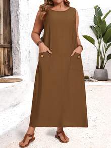 EMERY ROSE Vestido minimalista de talla grande sin mangas con bolsillos y botones de unicolor - Marrón Mocha - Ver 6