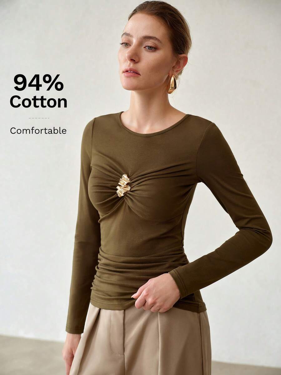 MOTF PREMIUM FASHIONABLE ELEGANT DESIGN FRONT RUCHED CINCHED WAIST ROUND NECK LONG SLEEVE WOMEN'S TOP - Green - View 2