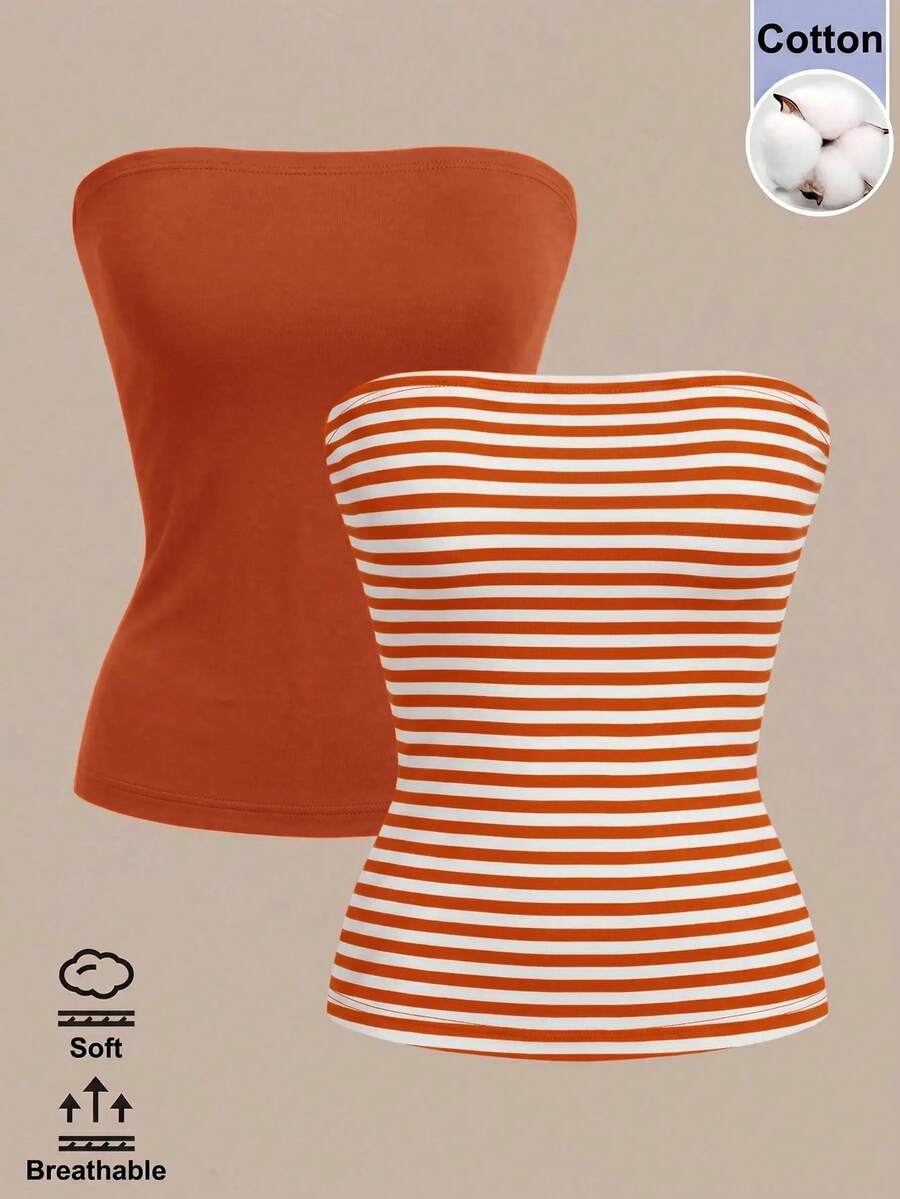 SHEIN BASICS 女款休閒條紋素色抹胸上衣