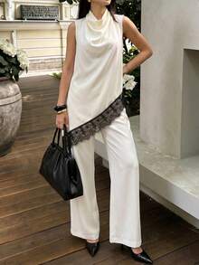 SHEIN Privé 大尺碼女款春夏披肩領不對稱對比蕾絲優雅套裝 - 杏色 - 查看 5
