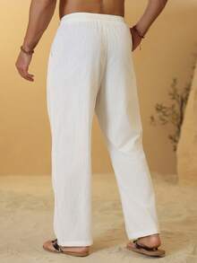 Palmeraft Plus Size Men's Drawstring Waist Solid Color Casual Versatile Daily Travel Pants, Holiday Vacation Holiday White Autumn - White - View 2