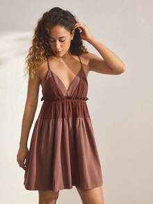 Ocili Bohemian Style Women's Contrast Color Ruffle Hem Camisole Nightgown Sleepwear Dress - Burgundy - View 6