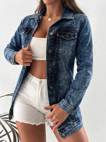 EURMUSE Camisa de mezclilla de manga larga con botones para mujer – Camisa de jean casual y ligera - Azul lavado oscuro - Ver 3