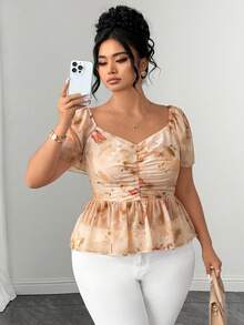 Elenzga Women's Plus Size Sweetheart Collar Ruffle Sleeve Ruched Waist Ruffle Hem Chiffon Print Elegant Blouse - Light Yellow - View 4