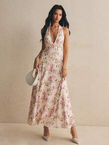 Poéselle Women's Floral Print Deep V-Neck Elegant Halter Dress - Apricot - View 4