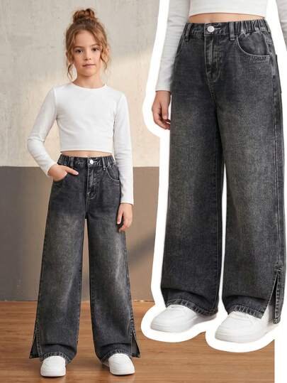 SHEIN Big Girls Y2K Vintage Black & Grey Washed High Waist Elastic Waist Wide Leg Denim Jeans, Loose Straight Leg With Side Slit Hem, Casual Versatile Back To School Streetwear Daily Outfit