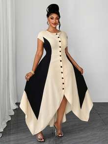 Maweii Spring Summer Autumn Casual Vacation Minimalist Elegant Sophisticated Elegant Fashion Niche Design New Must-Have Daily Essential Daily Outfit Commute Business Black Apricot Waist-Defining Slimming Office High-End Asymmetrical Handkerchief Hem Plus Size Women's Dress - Multicolor - View 1