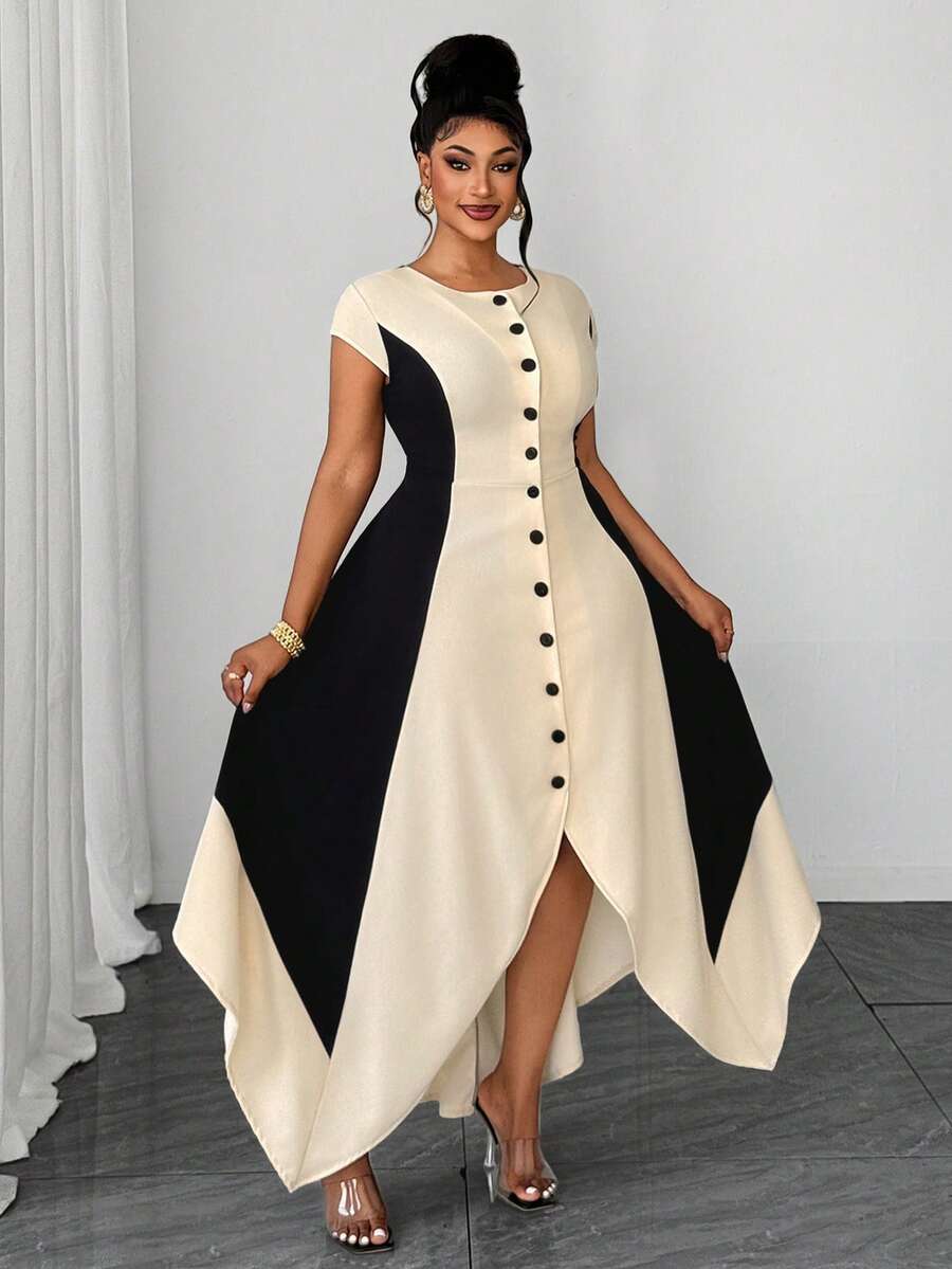 Maweii Spring Summer Autumn Casual Vacation Minimalist Elegant Sophisticated Elegant Fashion Niche Design New Must-Have Daily Essential Daily Outfit Commute Business Black Apricot Waist-Defining Slimming Office High-End Asymmetrical Handkerchief Hem Plus Size Women's Dress - Multicolor - View 1