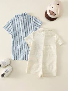 SHEIN 2pcs/Set Baby Boy Summer Cute Casual Cartoon Pattern Striped Rompers, 2pcs/Set Baby Rompers, Striped Rompers, Bear Rompers, White Rompers - Multicolor - View 3