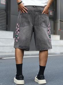 Manfinity EMRG 男士街頭風休閒刺繡灰色牛仔短褲 - 灰色 - 查看 2