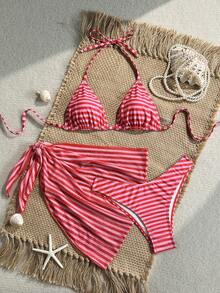 SHEIN Swim 女款 3 件式分體比基尼套裝，熱帶可愛多色條紋印花掛脖三角上衣、可愛三角泳褲、網紗罩衫裙，熱銷海灘度假休閒優雅情人節派對泳裝套裝，女款度假優雅海灘穿搭 - 彩色 - 查看 6