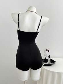 Elamini Spring Summer Autumn Fashion Sexy Avant-Garde Commuter Black Knit Lace Patchwork Low Cut Camisole Off-Shoulder Backless Slim Fit Waist-Cinched Short Jumpsuit For Women - Black - View 2