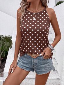 EMERY ROSE Atasan Tank Top Camisole Kasual Modis Model Baru dengan Motif Polkadot Putih dan Dasar Cokelat Kopi Vintage. - MultiWarna - View 3