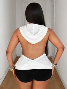 Maweii Top sin mangas con cuello halter, capucha y espalda descubierta, top de verano estilizante, top sexy sin mangas con capucha y espalda descubierta - Blanco - Ver 2
