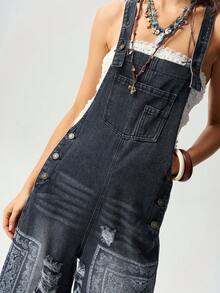 Bohemela Casual Woven Denim Printed Women's Jumpsuit - Black and White - View 6
