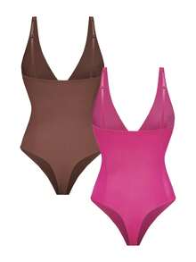 SHAPORA Body de unicolor con escote en V profundo y sexy para mujer - Multicolor - Ver 8