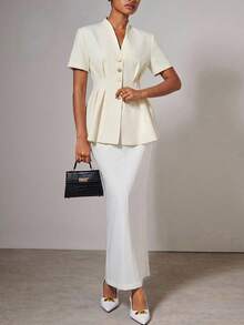 COSMINA Blazer elegante de manga corta de un solo pecho de unicolor para mujer - Blanco - Ver 4