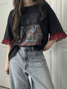 FRIFUL 女款休閒寬鬆字母印花蕾絲拼接短袖T恤，透氣棉混紡，春夏百搭圖案T恤 - 黑色 - 查看 7