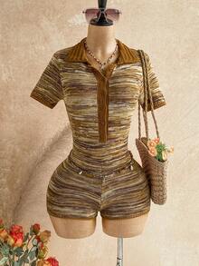 Soleia Women's Vacation Casual Boho Short Sleeve Fitted Knit Romper, Date Beach, West Music Festival Bohemia Brown Striped, Street, No Breast Pads Autumn - Multicolor - View 1