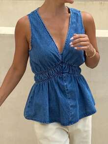 DAZY Blusa vaquera de mujer con cuello en V, tirantes anchos y volantes, adecuada para primavera y verano - Azul - Ver 2