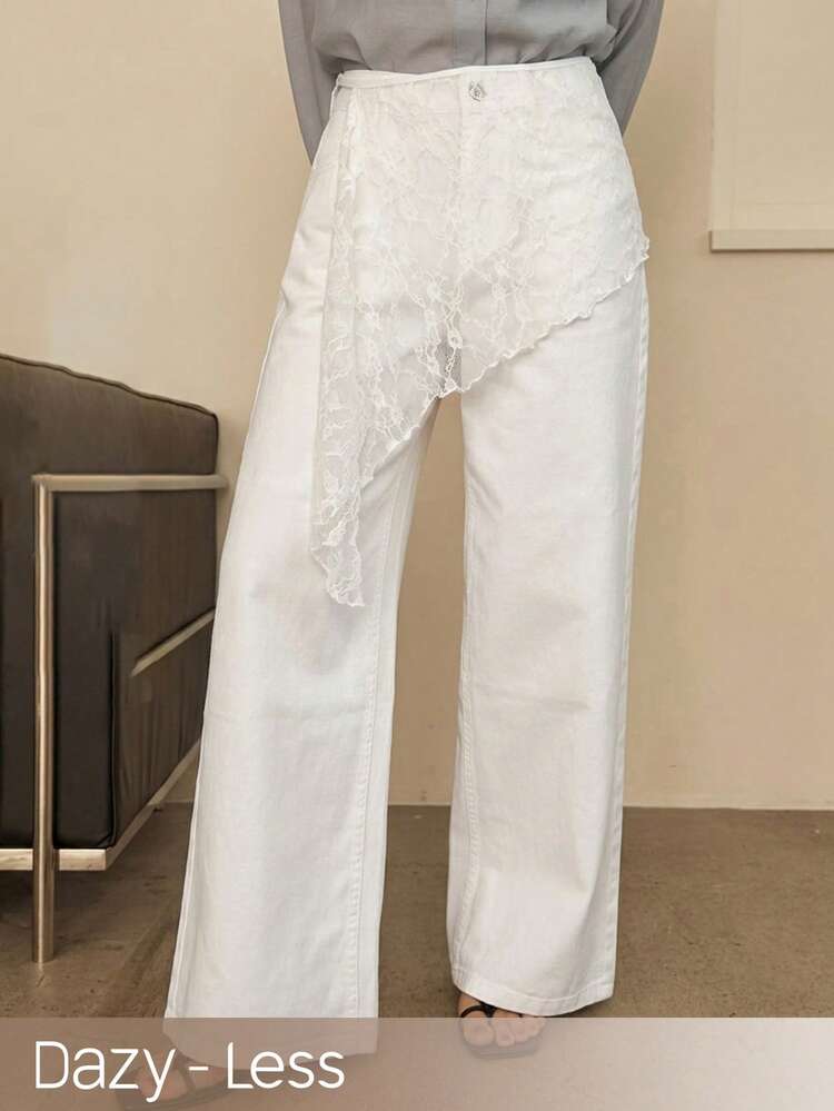 Women's Spring/Summer Loose Fit Pocket Flared Jeans Paired With Lace Hem