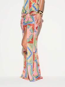 KIZN Baroque Tile Print Mesh Maxi Skirt Cover Up With Ruched Knot Front Detail And High Slit Beach Summer - Multicolor - View 4