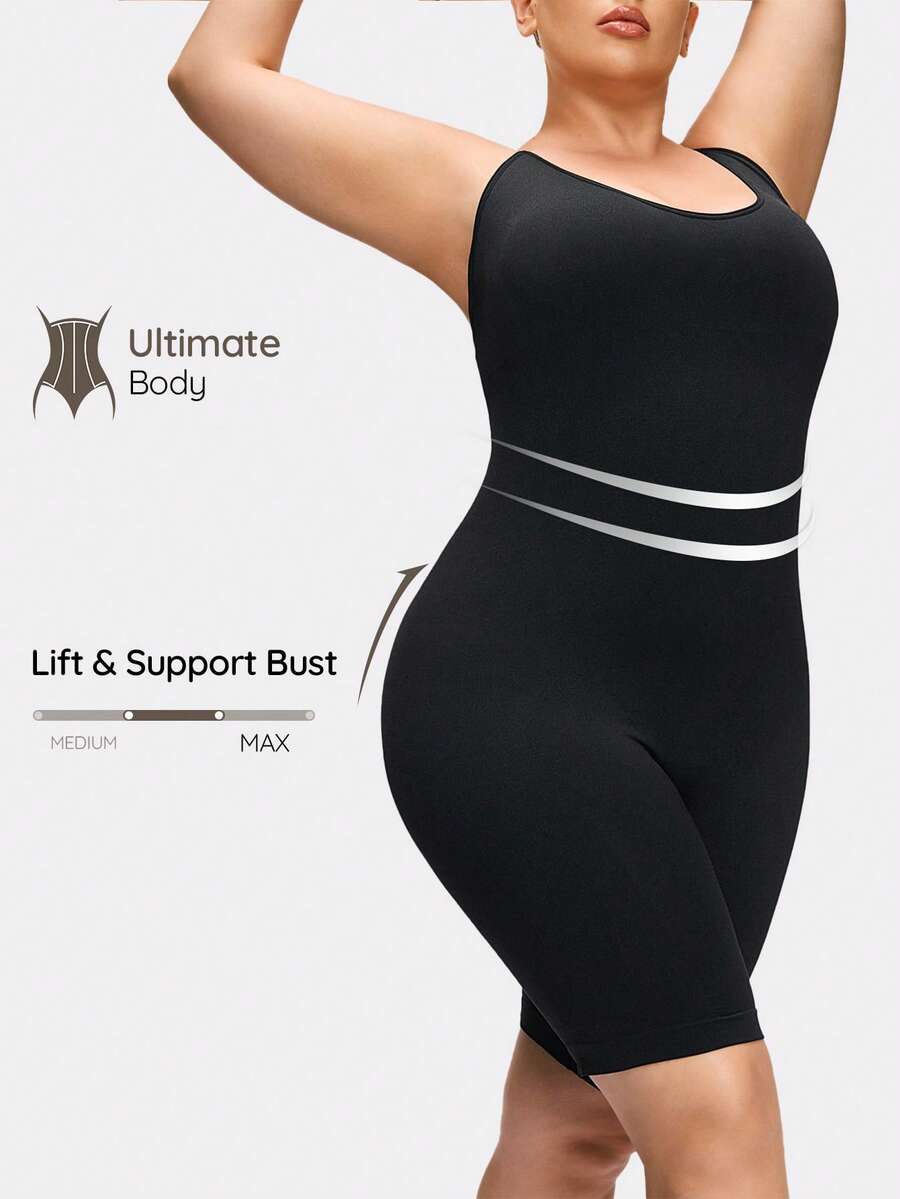 SHAPORA Plus Size Women Solid Color Scoop Neck Sleeveless Romper - Black - View 1