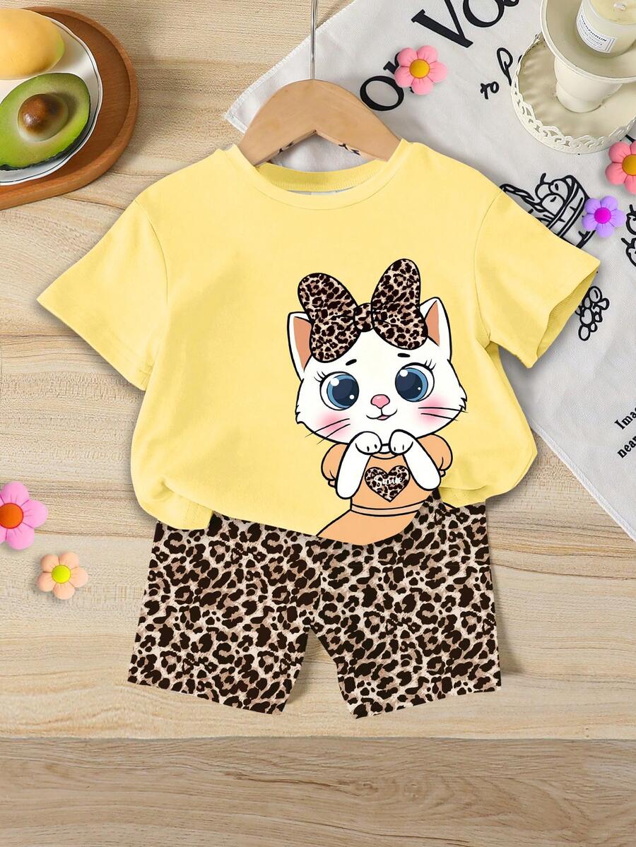 Summer Baby Girl Casual Multi-Piece Set, Brown & Apricot Leopard Print Cartoon Rabbit Pattern, Round Neck Short Sleeve T-Shirt & Shorts - Multicolor - View 1