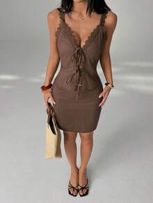 SHEIN PETITE 2026 Women's Spring/Summer Resort Collection: New Casual, Minimalist, Street-Style, Vintage-Inspired Brown Lace-Panel Cami Top And Skirt Set. Perfect For Home, Outings, The Beach, Fashion-Forward Looks, Casual Wear, Commuting, Vacations, Formal Occasions ,Petite Women - Brown - View 9