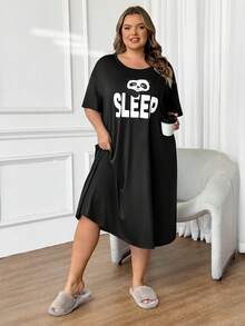 SHEIN CURVE+ Plus Size Women Round Neck Letter & Panda Print Casual Party Dress - Black - View 7
