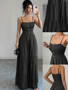 Elenzga Women's Solid Color Pleated Faux Denim Button Strap Sleeveless Ruffle Jumpsuit - Black - View 1